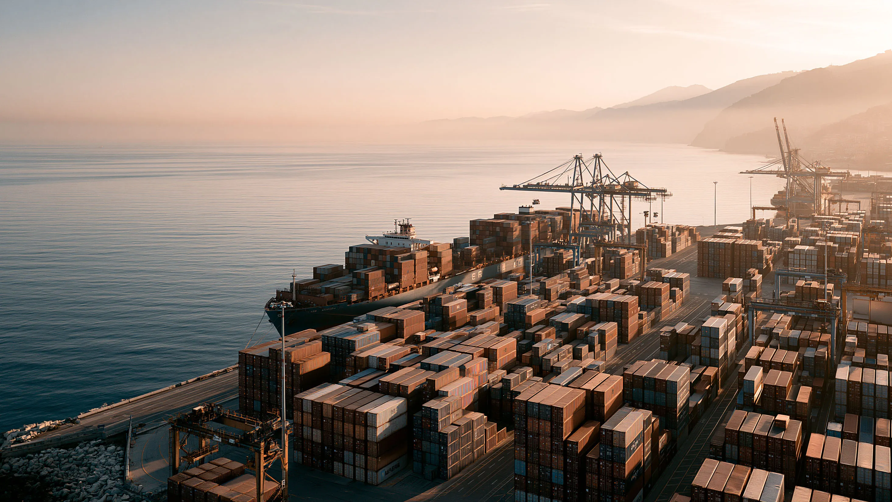 Aerial view of an industrial logistics terminal at dawn, stacked shipping containers and gantry cranes.