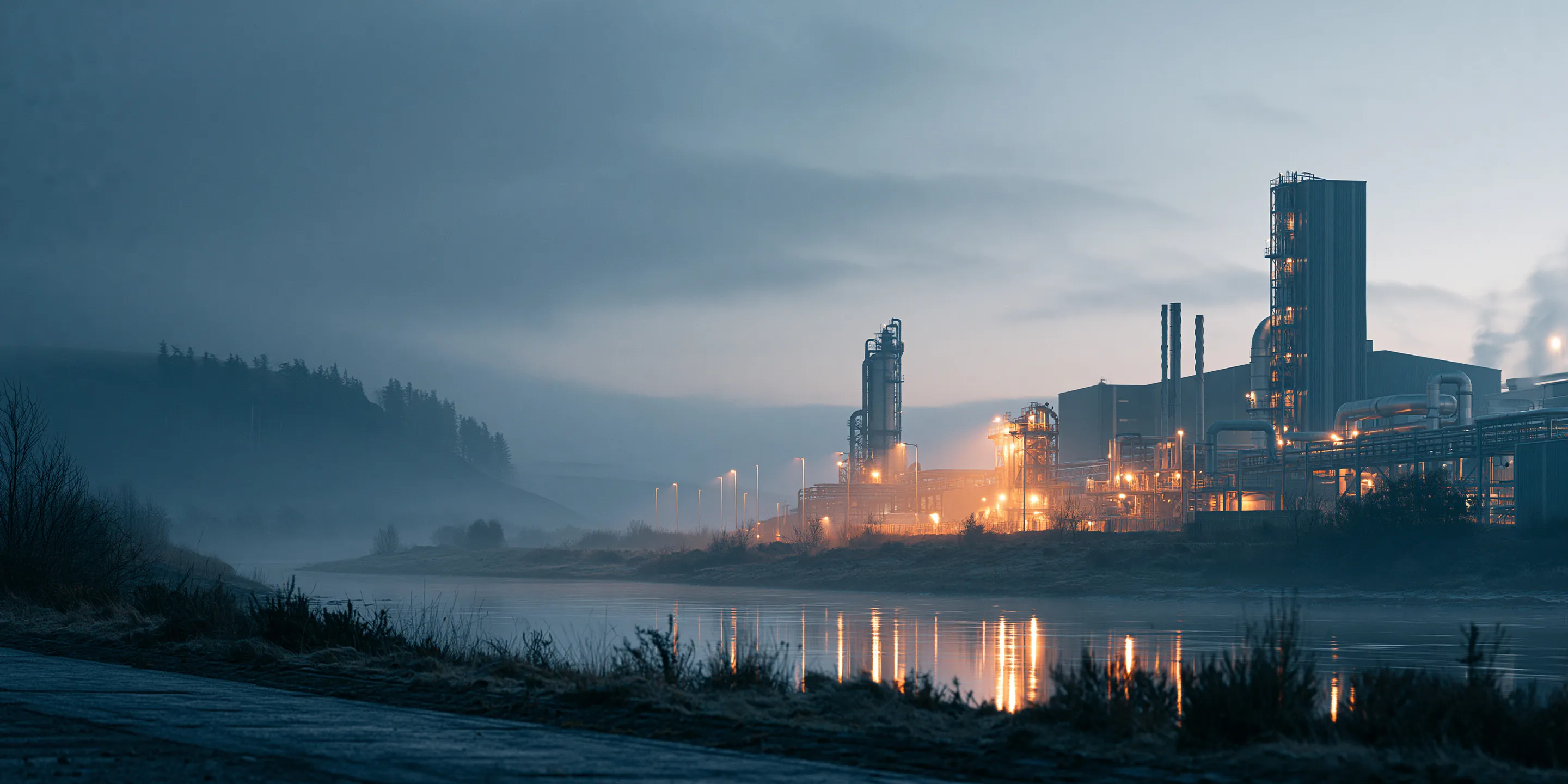 Aerial view of an industrial logistics terminal at dawn, stacked shipping containers and gantry cranes.