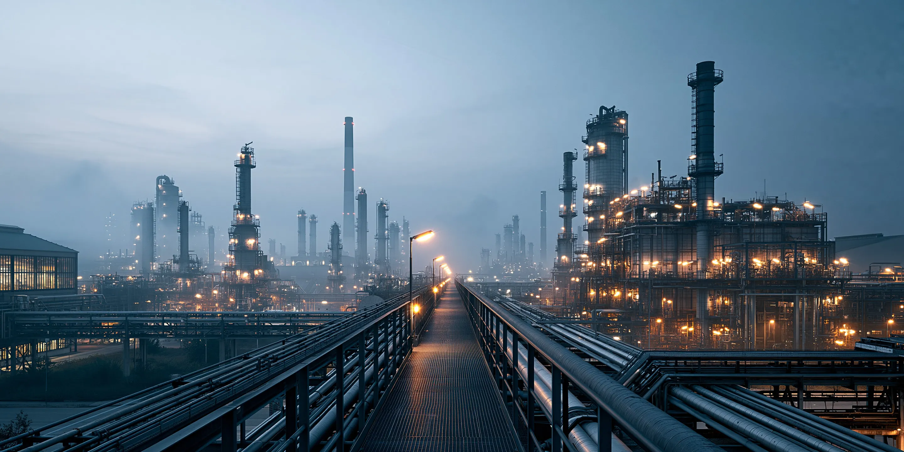 Aerial view of an industrial logistics terminal at dawn, stacked shipping containers and gantry cranes.