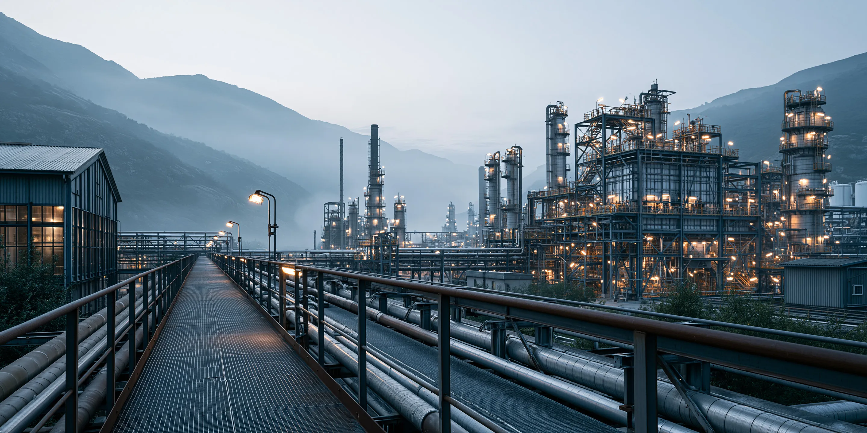 Industrial process plant at dawn — stainless steel reactor vessels and piping under sodium lighting.