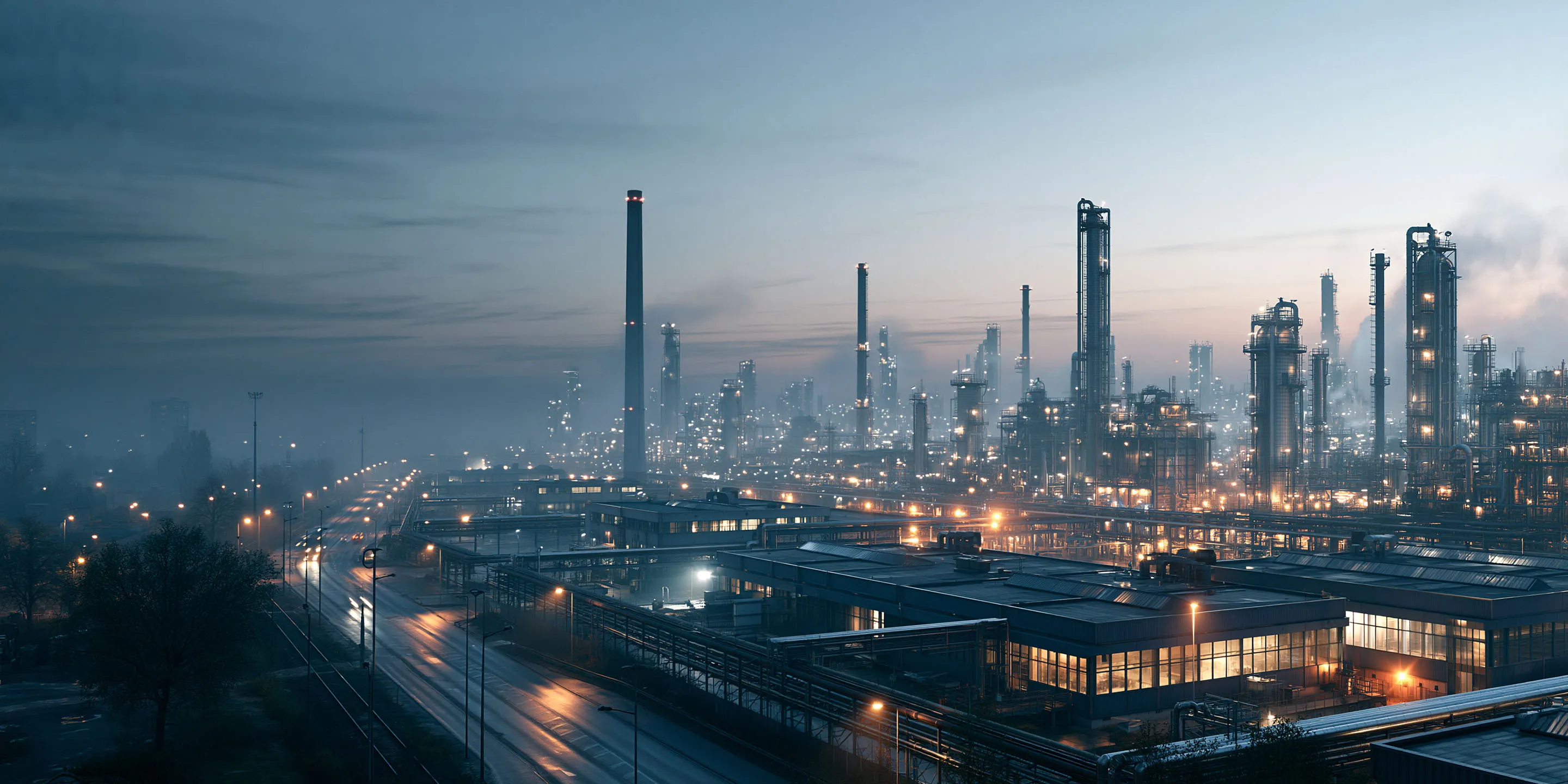 Industrial process plant at dawn — stainless steel reactor vessels and piping under sodium lighting.