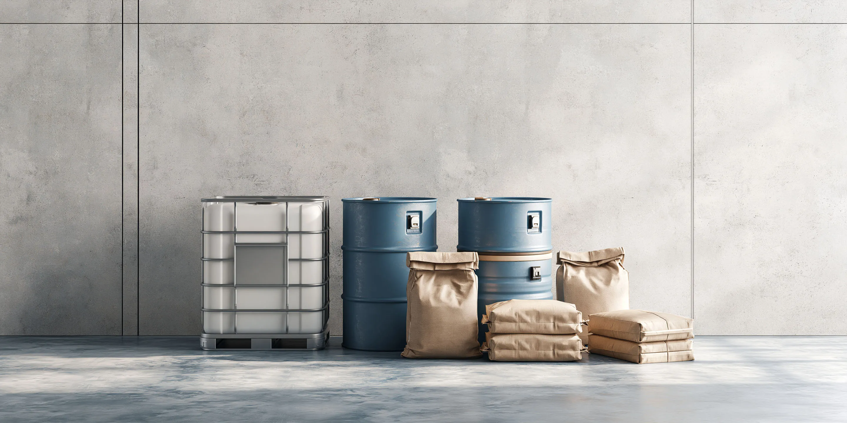 Flat-lay of industrial chemical packaging: IBC tank, drums, and paper sacks on polished concrete.