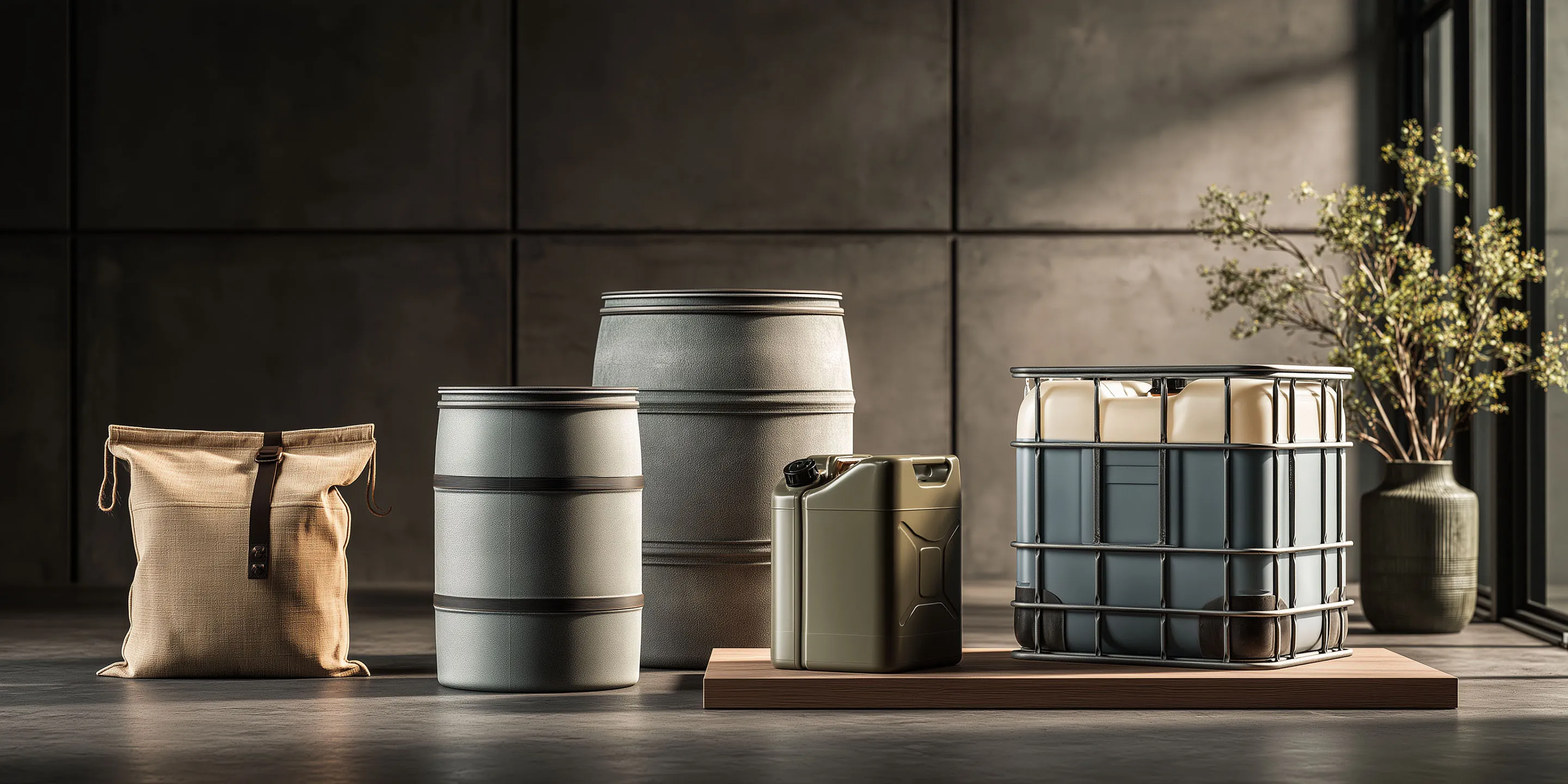 Flat-lay of industrial chemical packaging: IBC tank, drums, and paper sacks on polished concrete.
